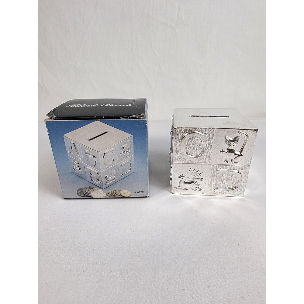 Vintage Silver‎ Plated Alphabet Block Piggy Bank ABC Baby Nursery Decor Gift
